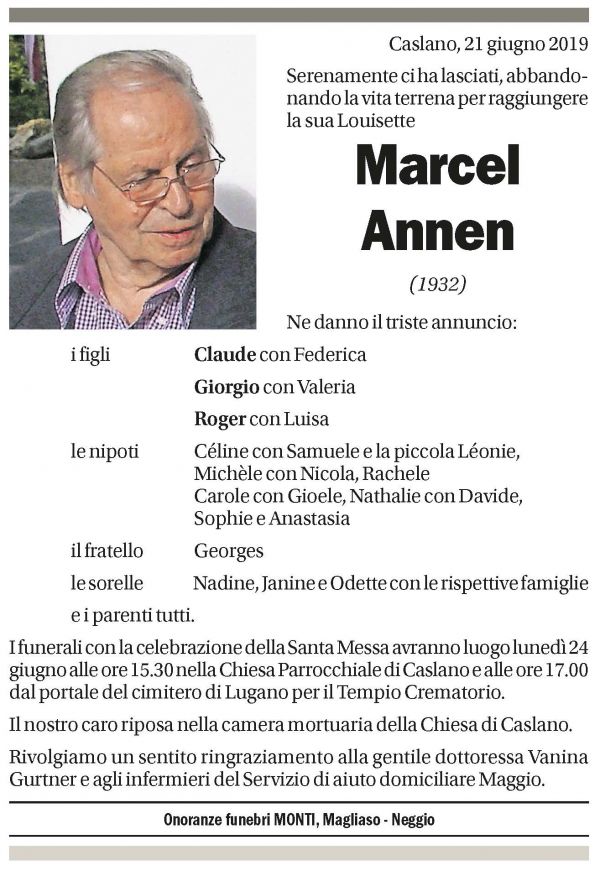 Annuncio funebre Marcel Annen