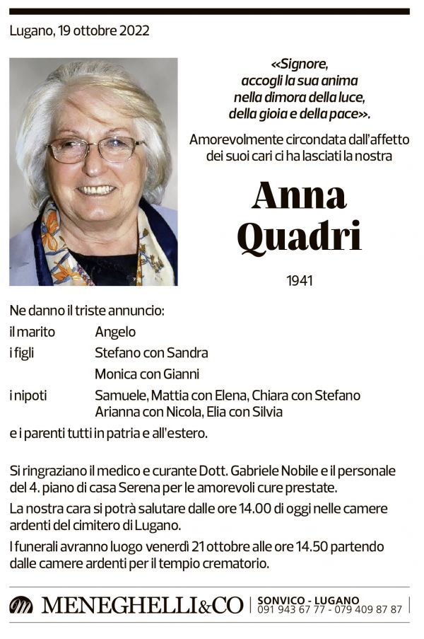 Annuncio funebre Anna Quadri