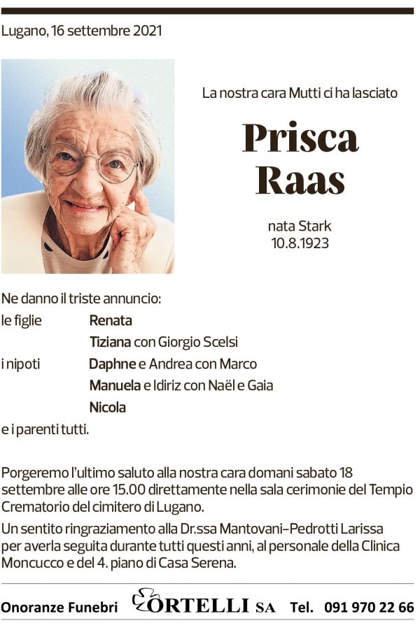 Annuncio funebre Prisca Raas