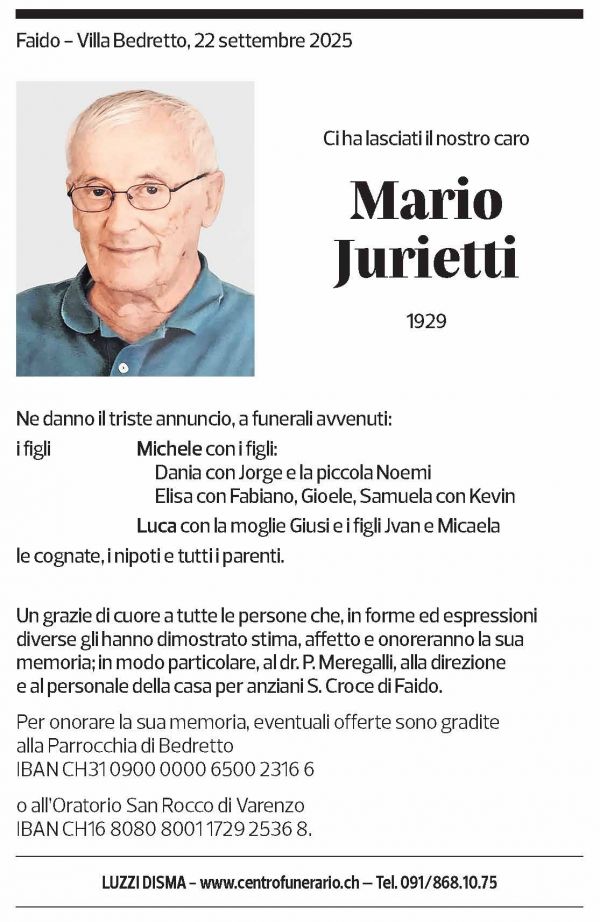 Annuncio funebre Mario Jurietti
