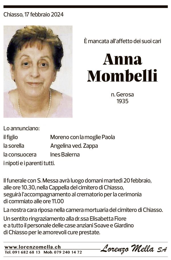 Annuncio funebre Anna Mombelli