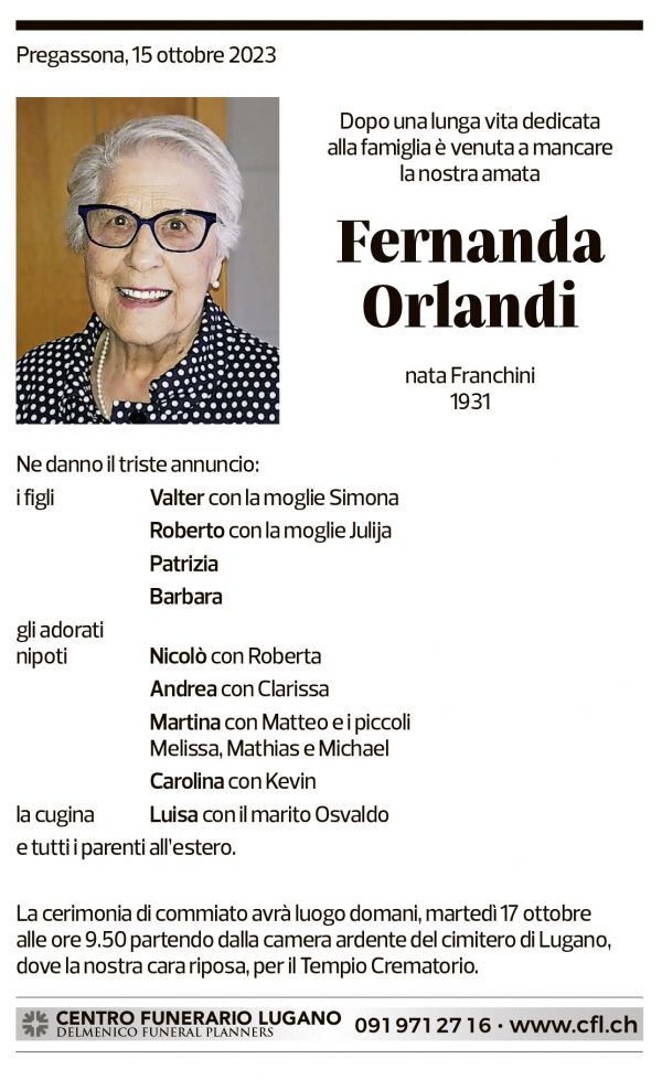 Annuncio funebre Fernanda Orlandi