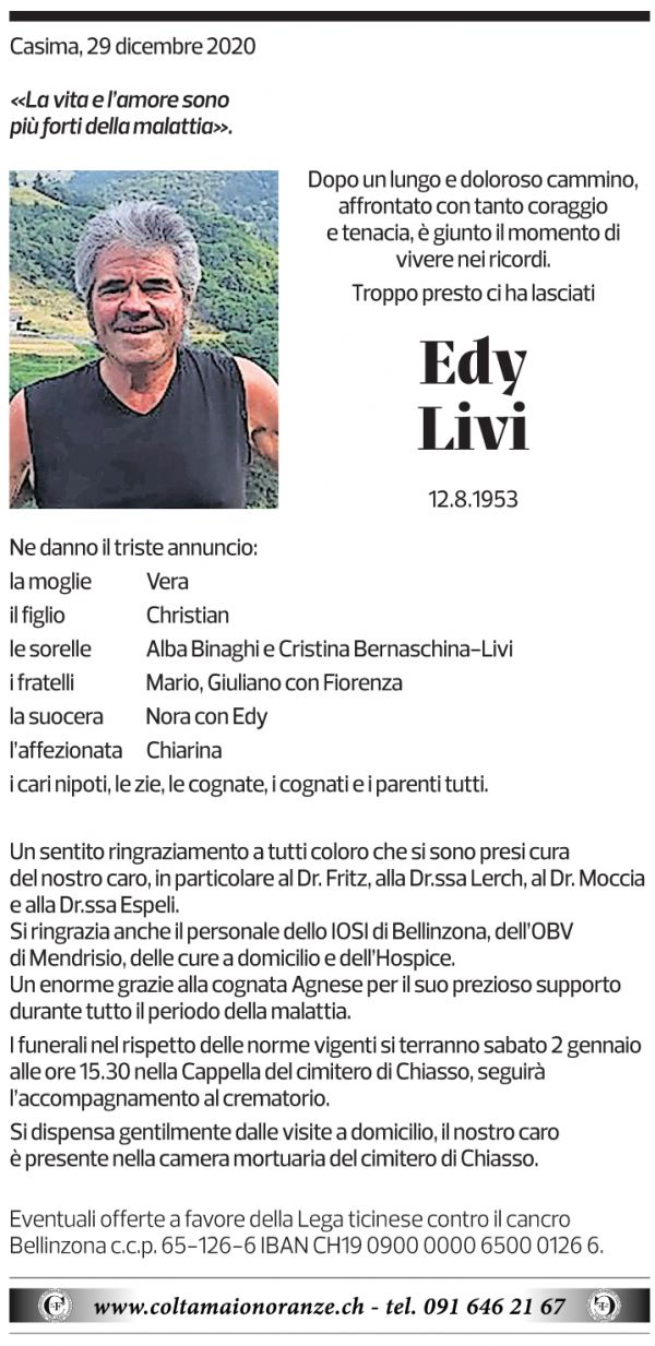 Annuncio funebre Edy Livi
