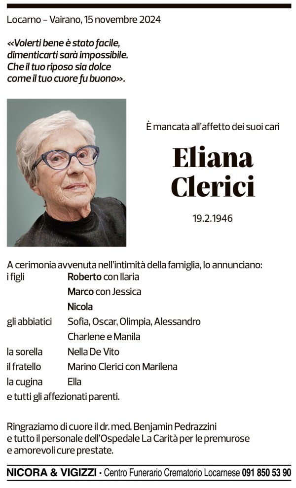 Annuncio funebre Eliana Clerici