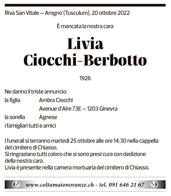 Annuncio funebre Livia Ciocchi-berbotto