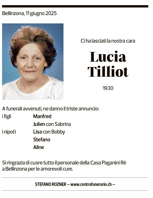 Annuncio funebre Lucia Tilliot