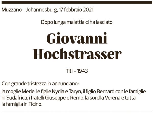 Annuncio funebre Giovanni Hochstrasser