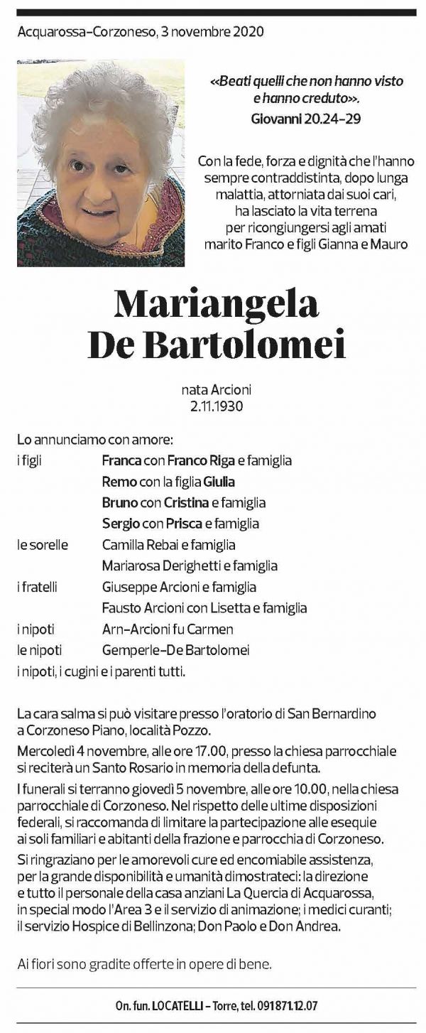 Annuncio funebre Mariangela De Bartolomei