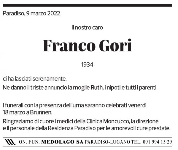 Annuncio funebre Franco Gori