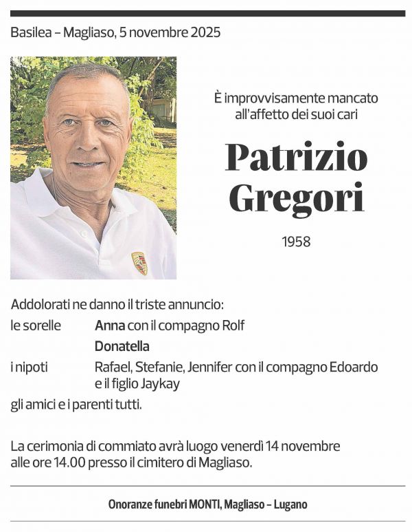 Annuncio funebre Patrizio Gregori