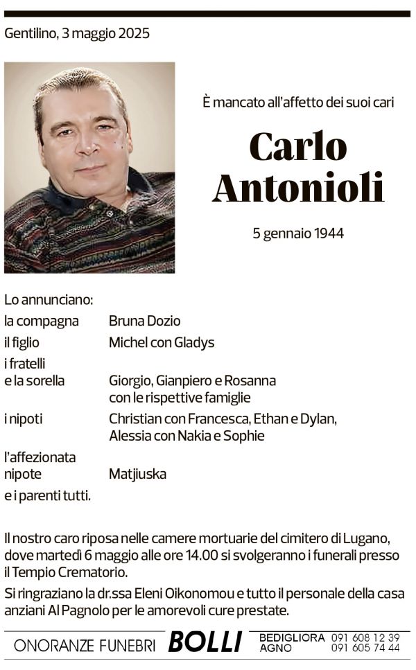 Annuncio funebre Carlo Antonioli