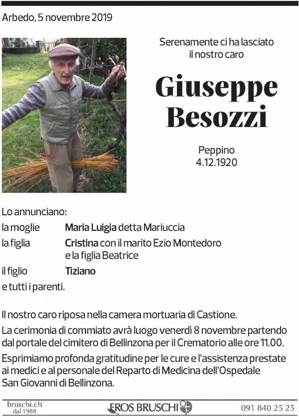 Annuncio funebre Giuseppe Besozzi