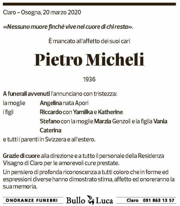 Annuncio funebre Pietro Micheli