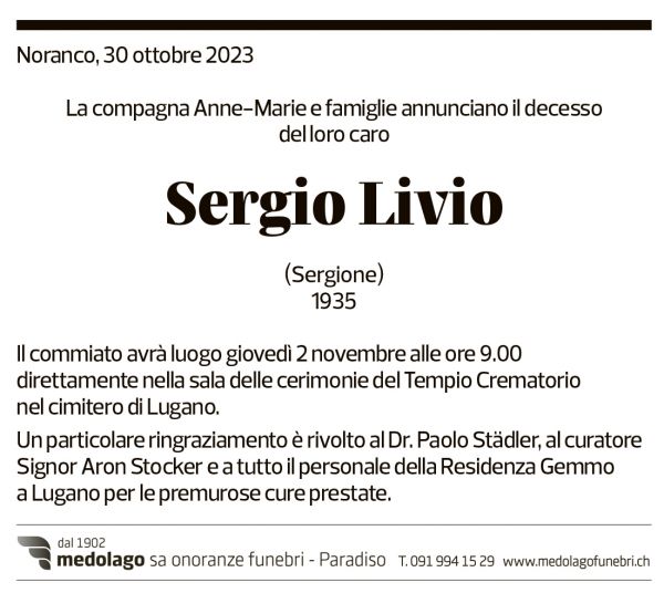 Annuncio funebre Sergio Livio