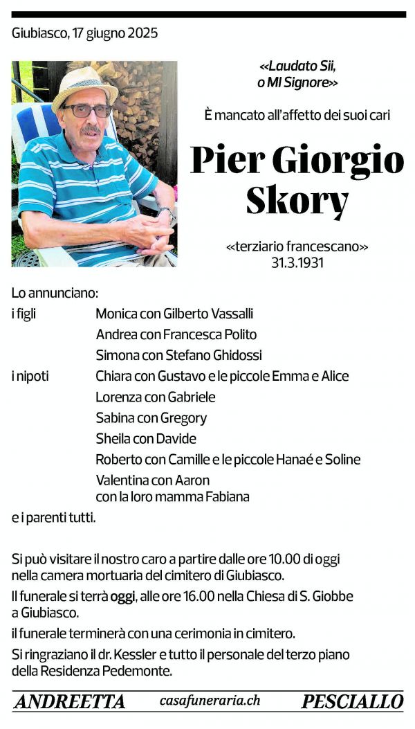 Annuncio funebre Pier Giorgio Skory