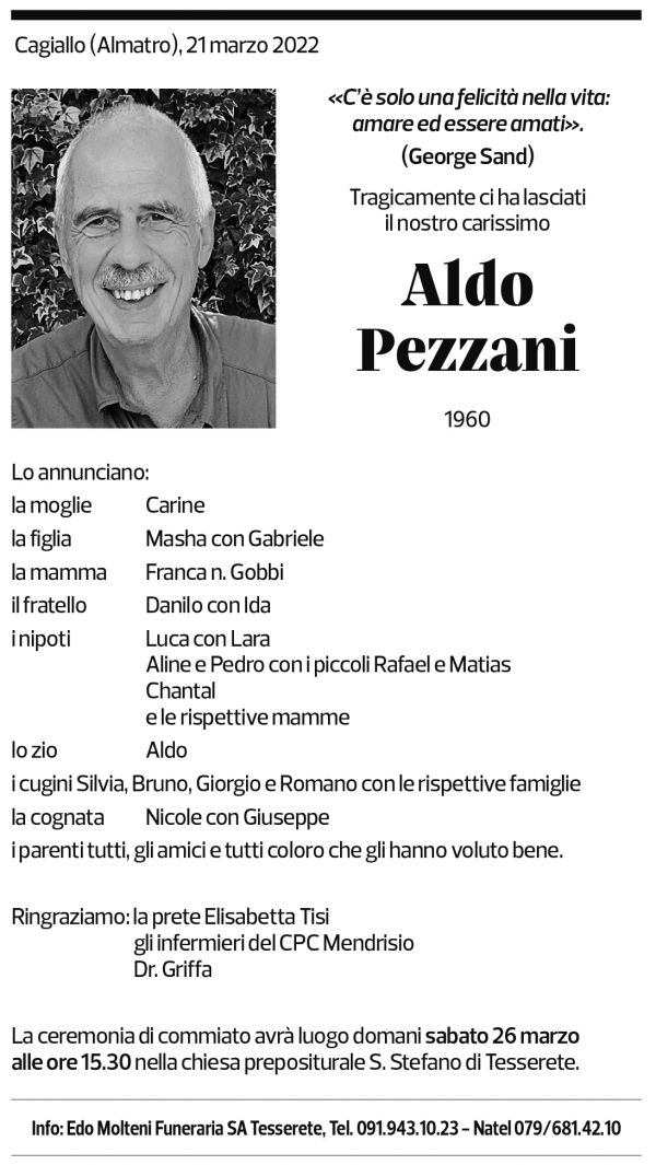 Annuncio funebre Aldo Pezzani