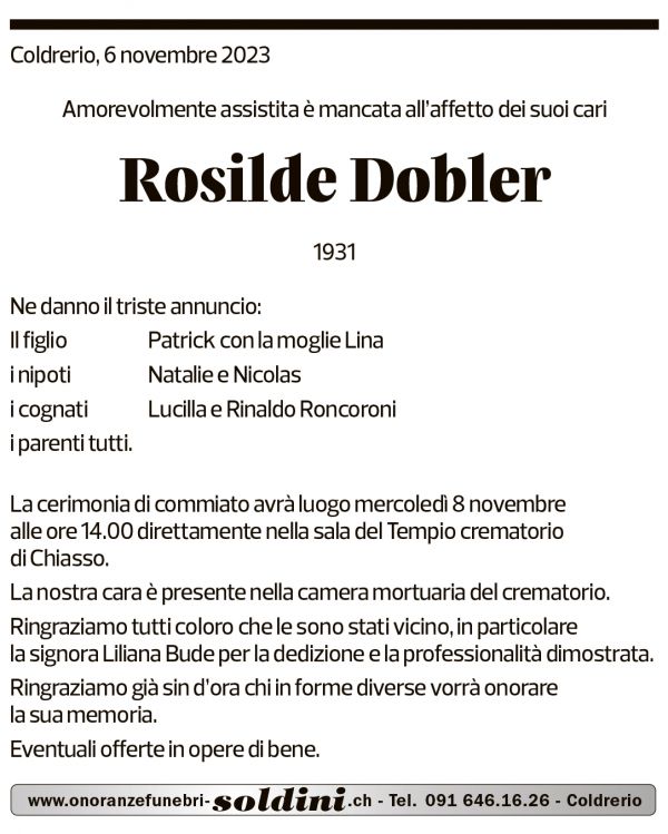 Annuncio funebre Rosilde Dobler