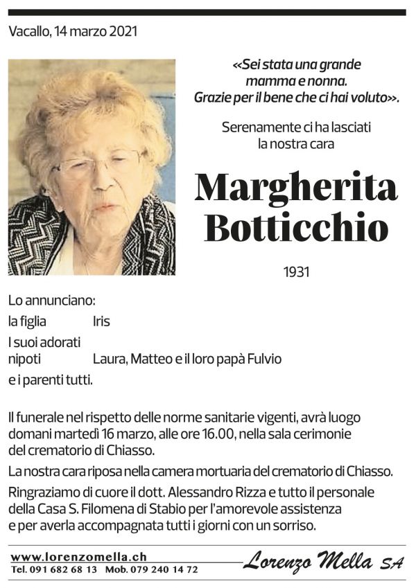 Annuncio funebre Margherita Botticchio