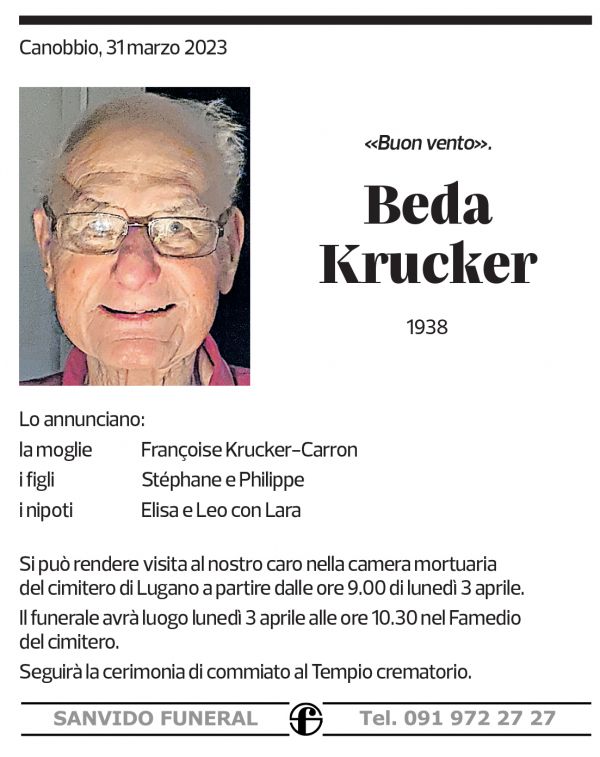 Annuncio funebre Beda Krucker