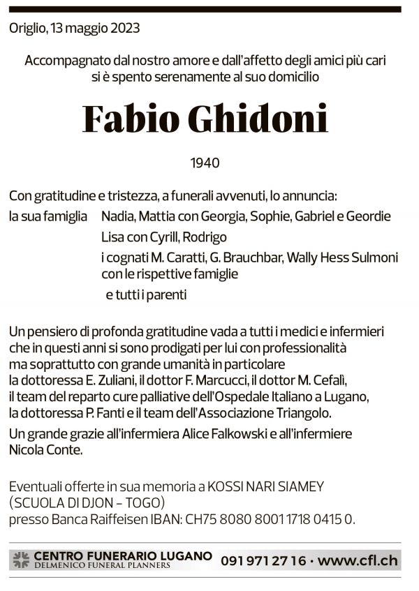 Annuncio funebre Fabio Ghidoni