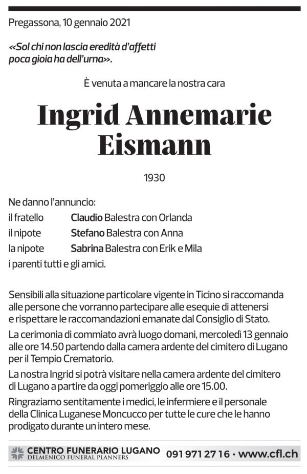 Annuncio funebre Ingrid Annemarie Eismann