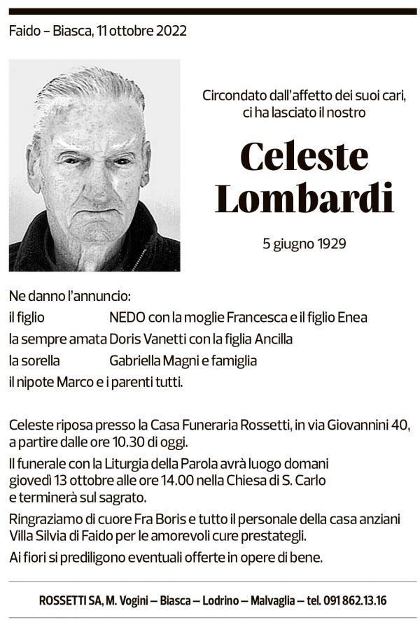 Annuncio funebre Celeste Lombardi