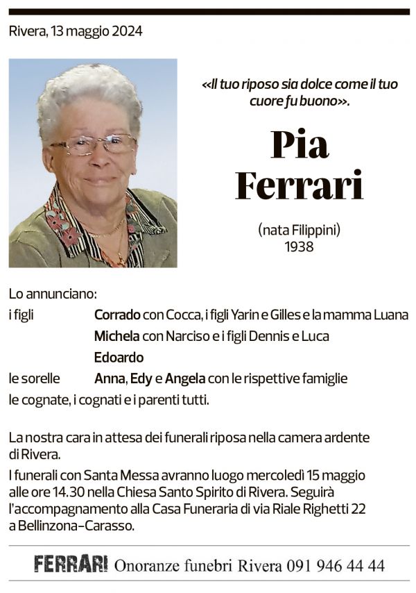 Annuncio funebre Pia Ferrari