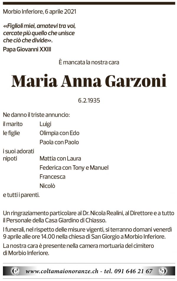 Annuncio funebre Maria Anna Garzoni