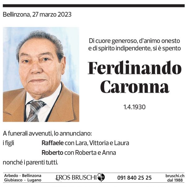 Annuncio funebre Ferdinando Caronna