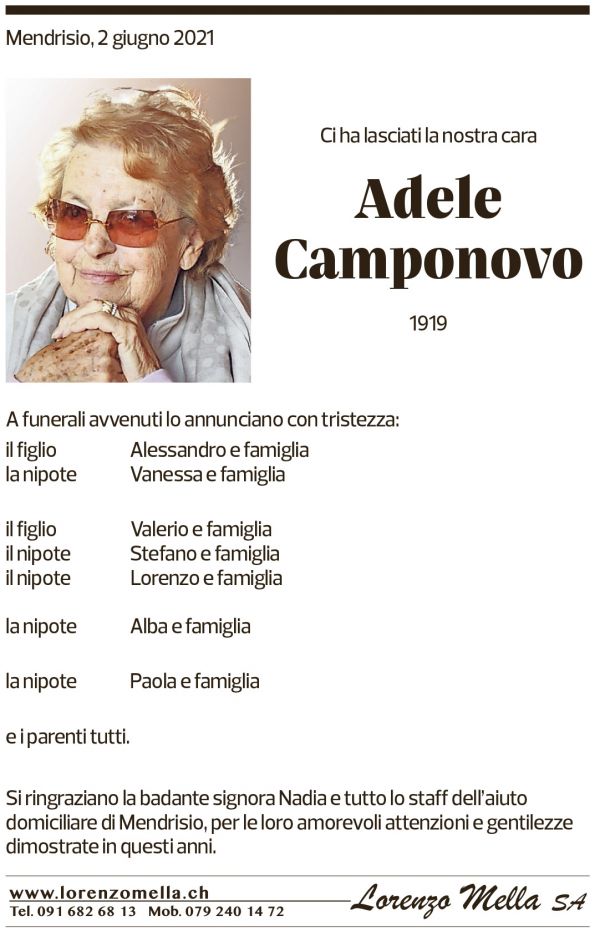 Annuncio funebre Adele Camponovo