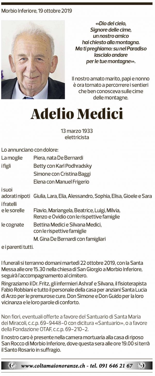 Annuncio funebre Adelio Medici
