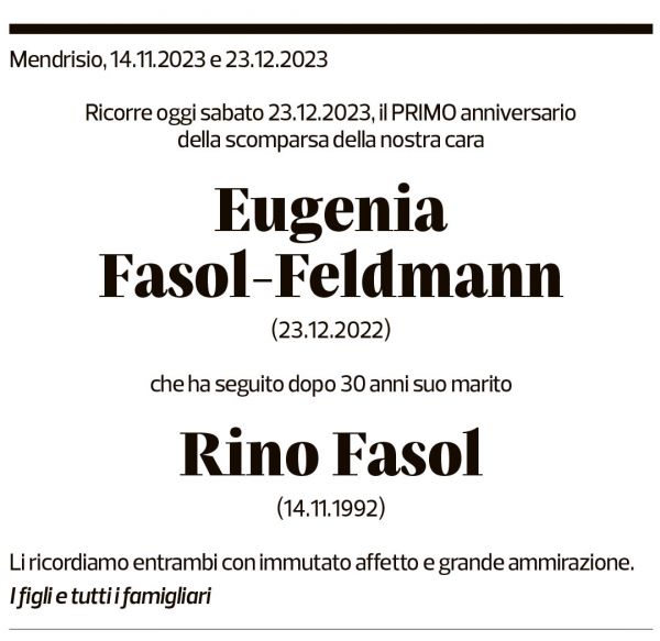 Annuncio funebre Eugenia Fasol-feldmann Rino Fasol