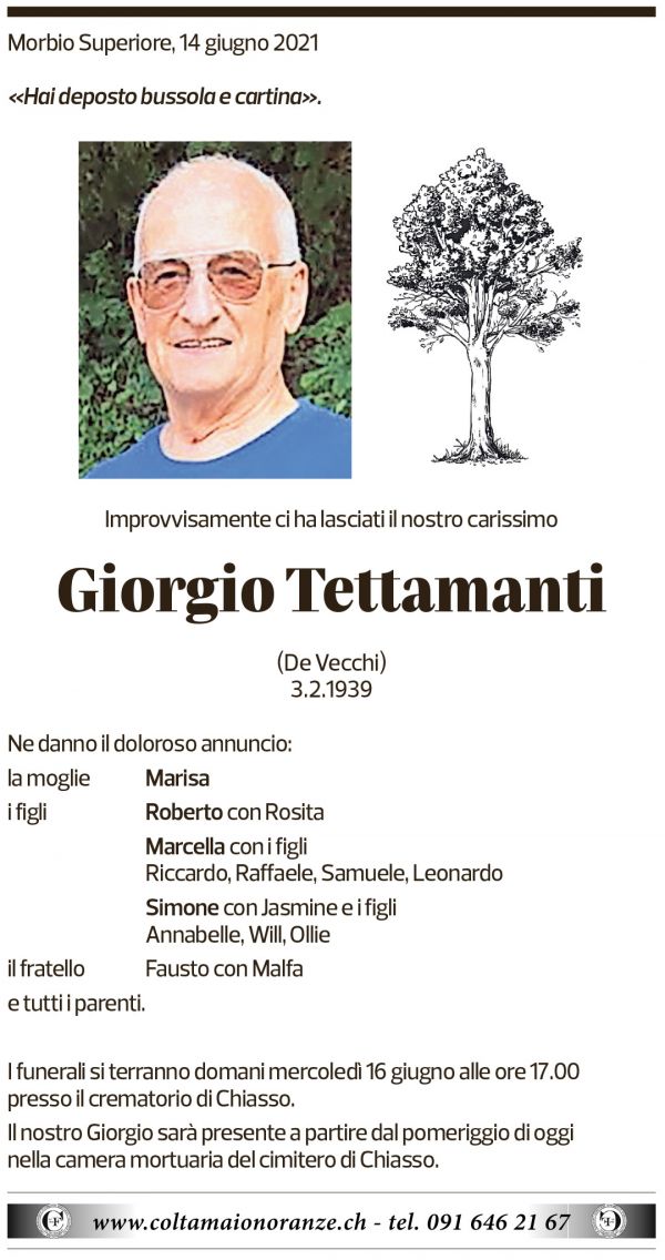 Annuncio funebre Giorgio Tettamanti