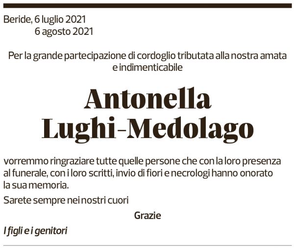 Annuncio funebre Antonella Lughi-medolago