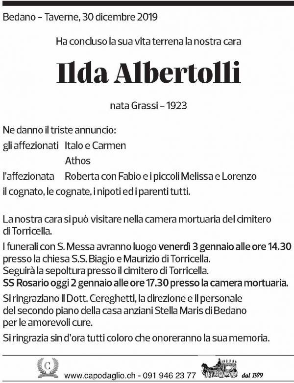 Annuncio funebre Ilda Albertolli