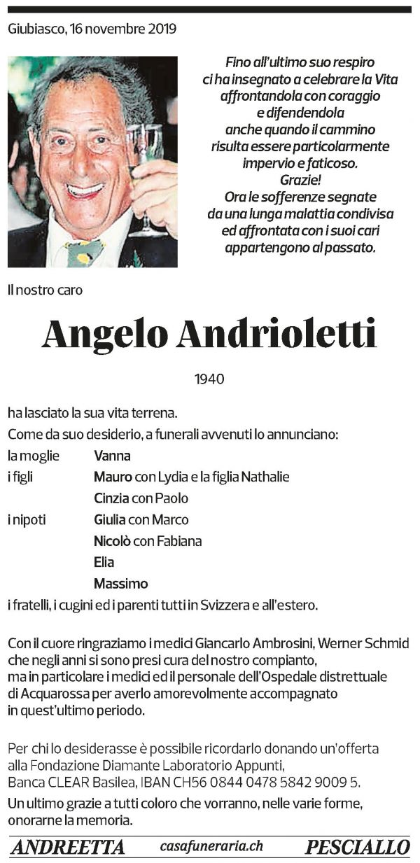 Annuncio funebre Angelo Andrioletti