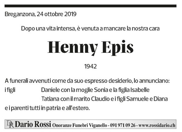 Annuncio funebre Henny Epis