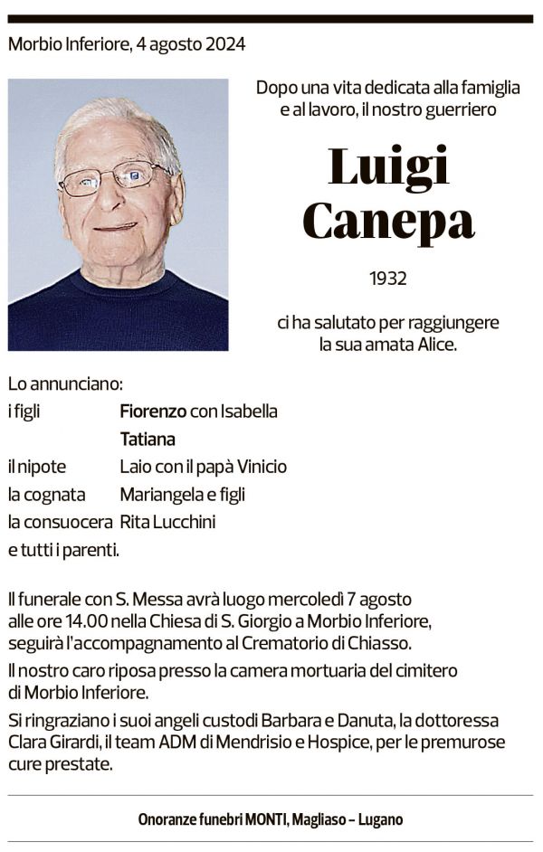 Annuncio funebre Luigi Canepa