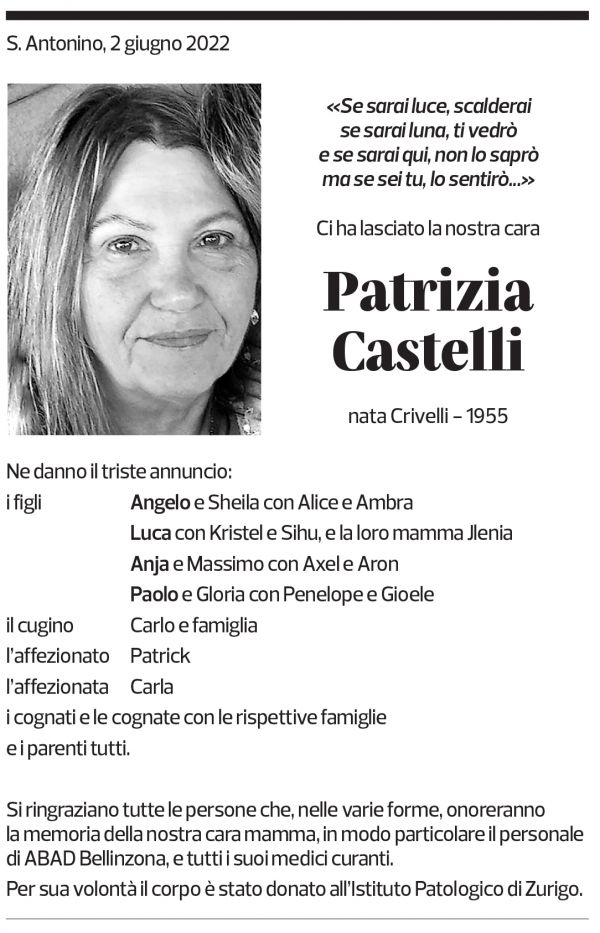 Annuncio funebre Patrizia Castelli