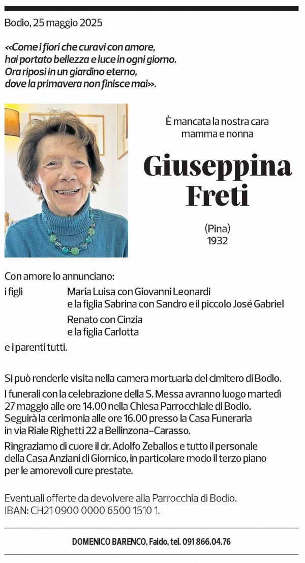 Annuncio funebre Giuseppina Freti