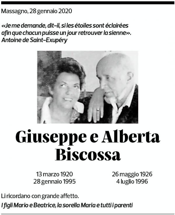 Annuncio funebre Giuseppe E Alberta Biscossa