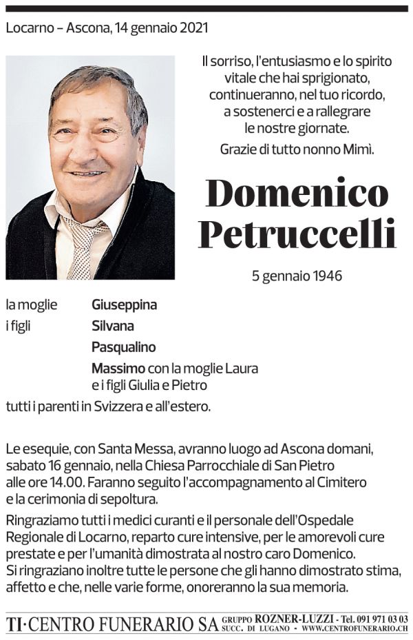 Annuncio funebre Domenico Petruccelli