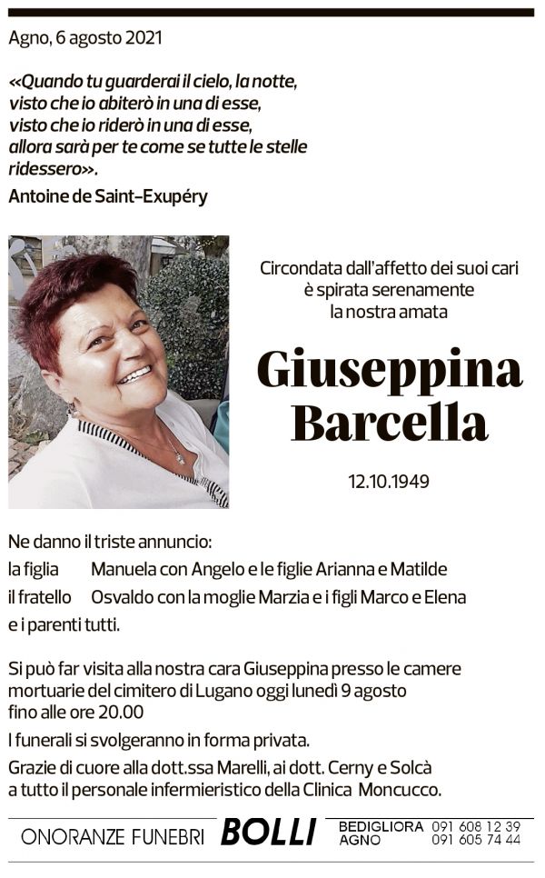 Annuncio funebre Giuseppina Barcella