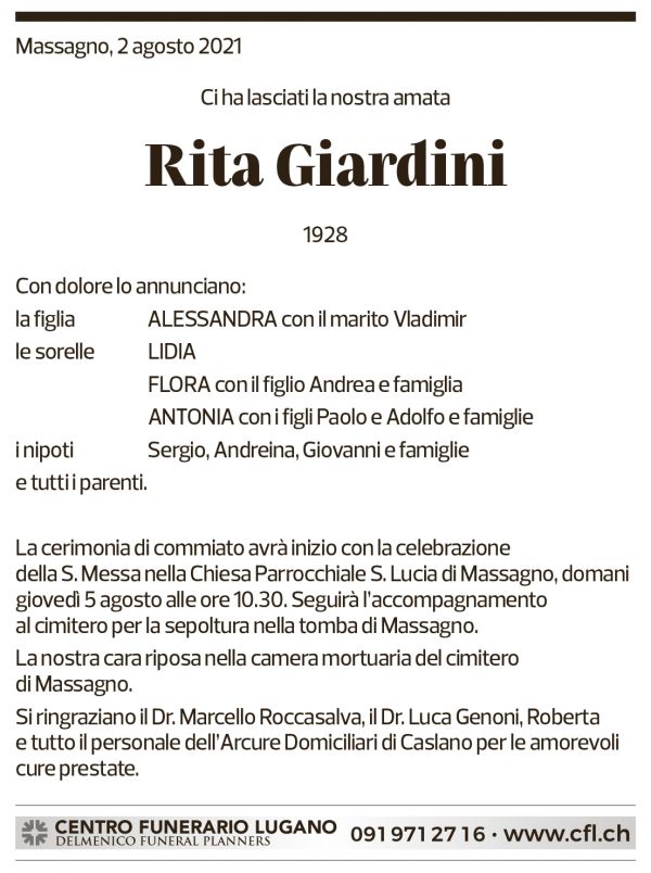 Annuncio funebre Rita Giardini