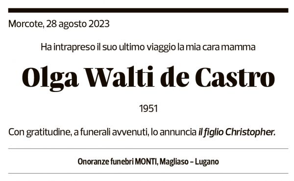 Annuncio funebre Olga Walti De Castro