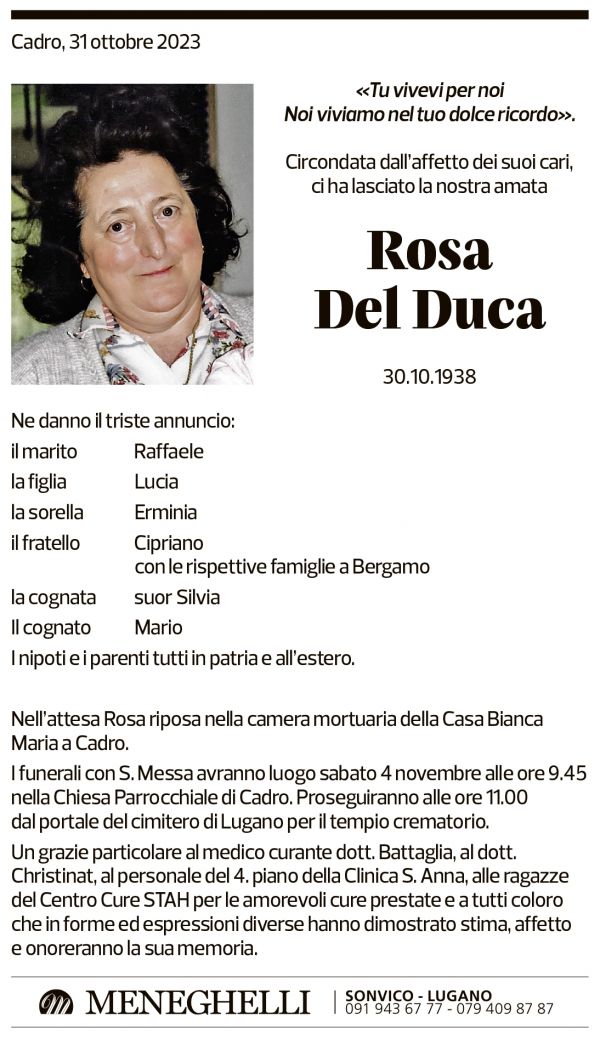 Annuncio funebre Rosa Del Duca