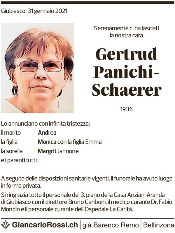 Annuncio funebre Gertrud Panichi-schaerer