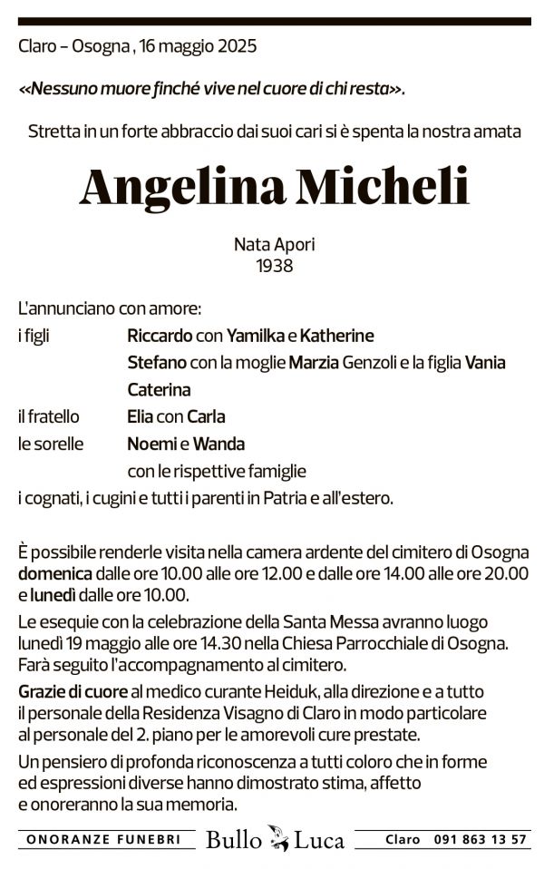 Annuncio funebre Angelina Micheli