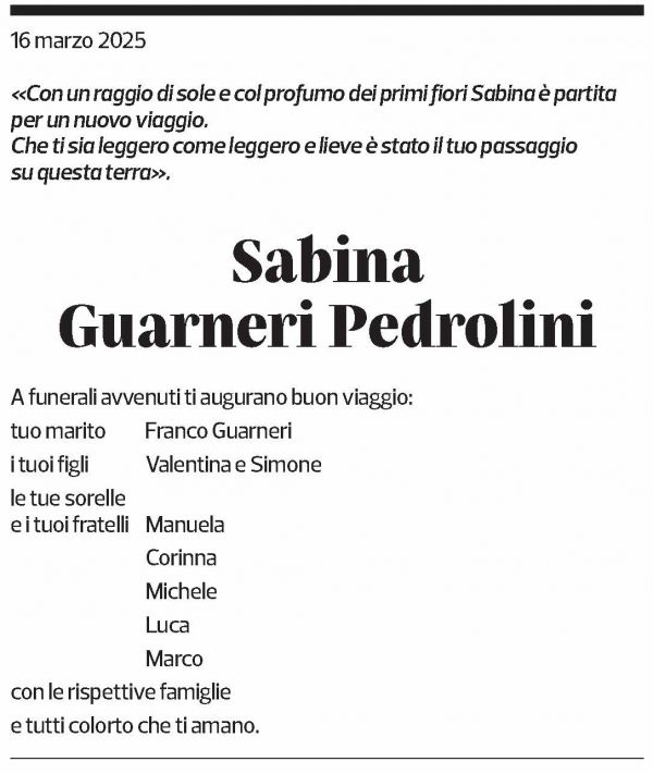 Annuncio funebre Sabina Guarneri Pedrolini