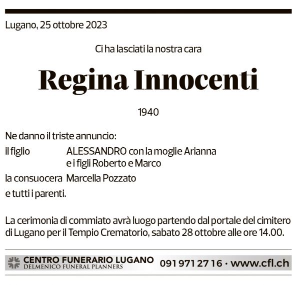 Annuncio funebre Regina Innocenti